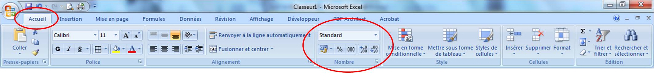 Groupe Nombre de l'onglet Accueil du ruban Excel